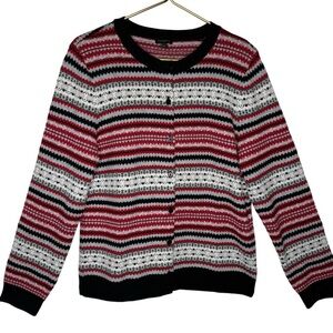 Talbots Fair Isle Cardigan Sweater Wool Blend Large Red White Black Gray Stripe